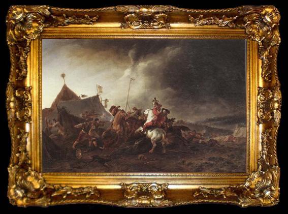 framed  Philips Wouwerman A Detachment of cavalry attacking a camp, ta009-2